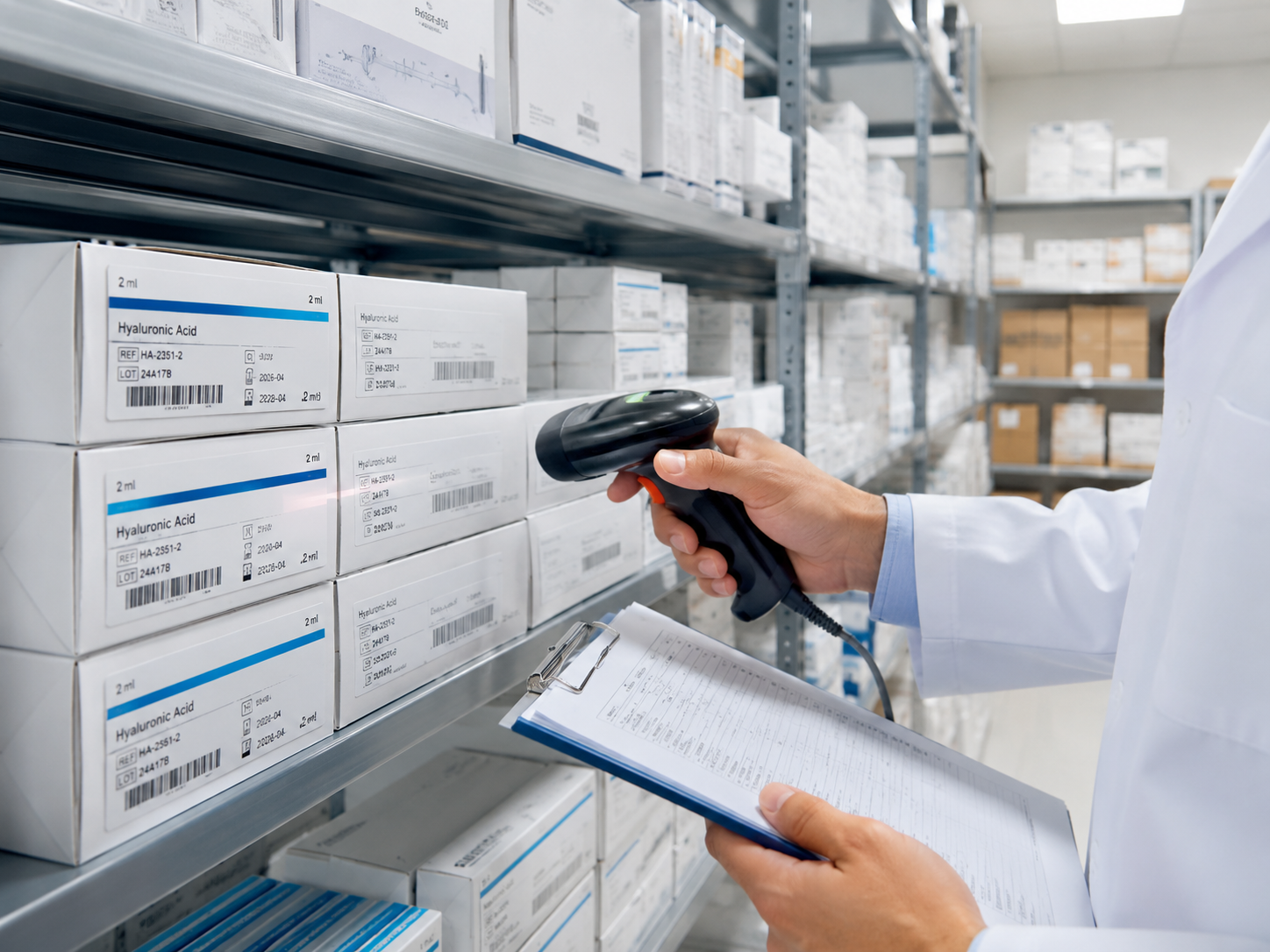 Ordentlich beschriftete Medizinprodukt-Kartons in einem ruhigen Lagergang